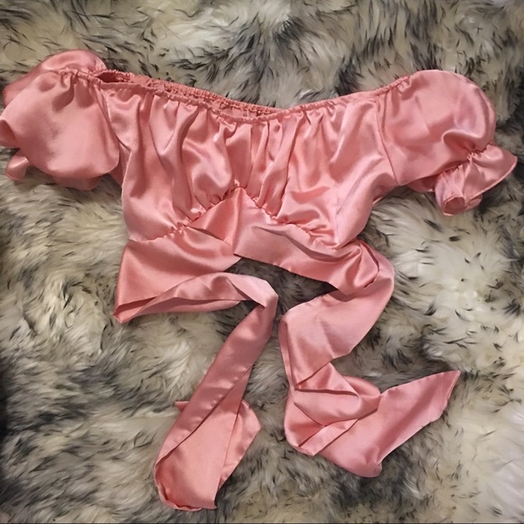 Shein Pink Cuff Satin Ruffle Crop Top Cross Tie - Picture 5 of 5